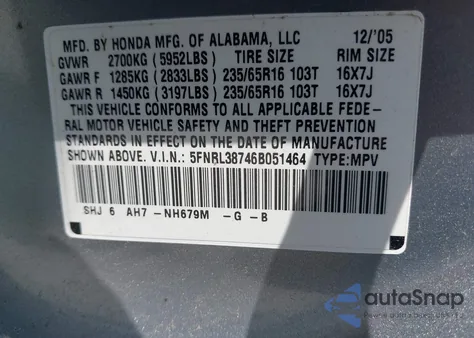 2006 Honda Odyssey Ex-L из США, поврежденный, VIN 5FNRL38746B051464